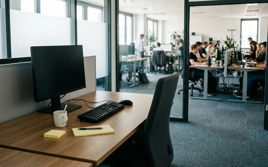 Leerer IT-Arbeitsplatz, während das Unternehmen normal weiterarbeitet