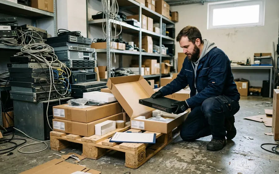 Techniker packt neue Netzwerk-Hardware für ein Unternehmen aus