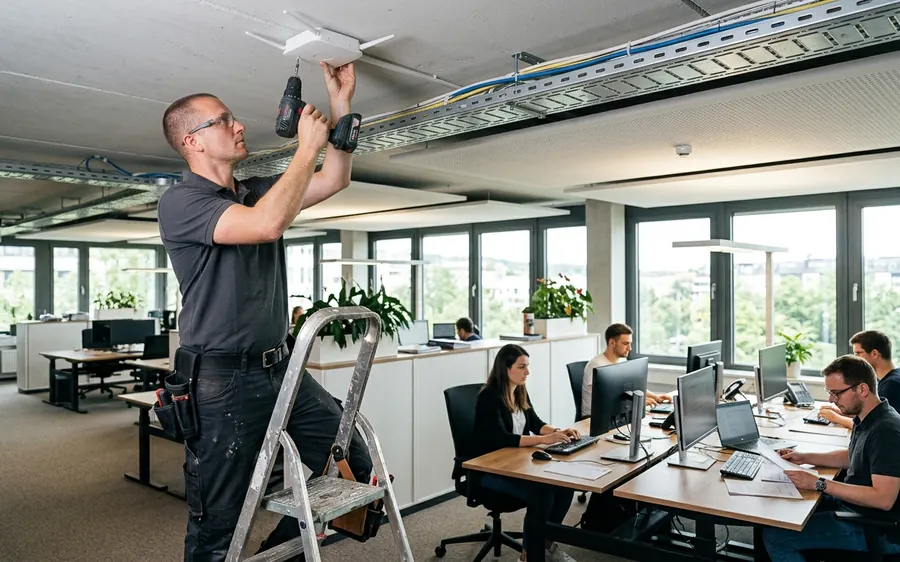 Techniker montiert einen Access Point in einem Büro